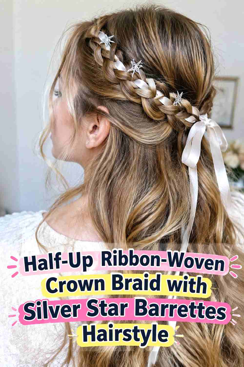 4. Half Up Ribbon Woven Crown Braid With Silver Star Barrettes Hairstyle