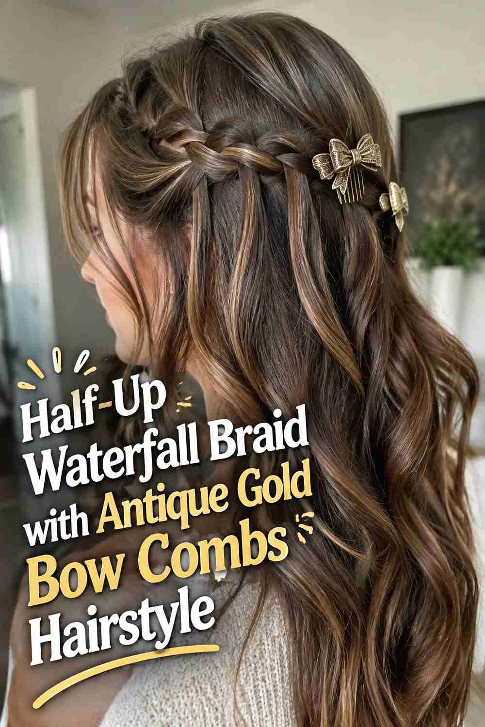 5. Half Up Waterfall Braid With Antique Gold Bow Combs Hairstyle