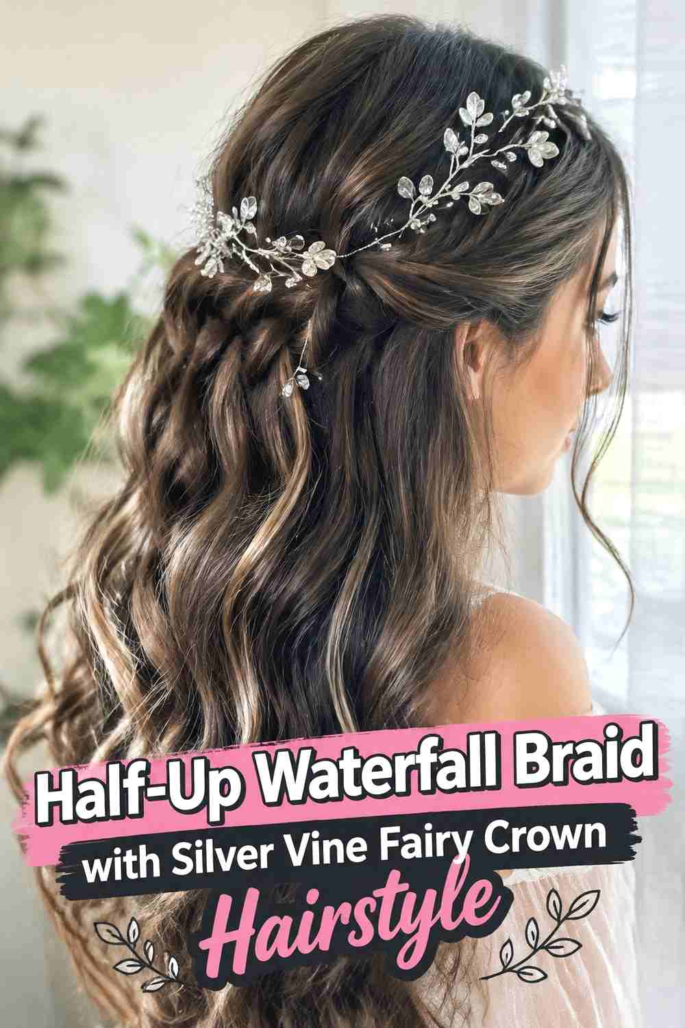 4. Half Up Waterfall Braid With Silver Vine Fairy Crown Hairstyle
