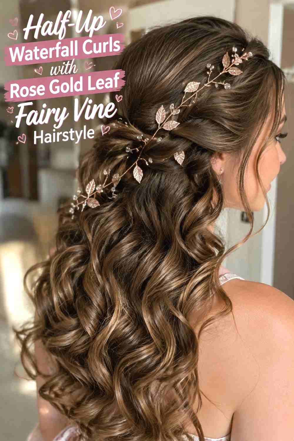 10. Half Up Waterfall Curls With Rose Gold Leaf Fairy Vine Hairstyle