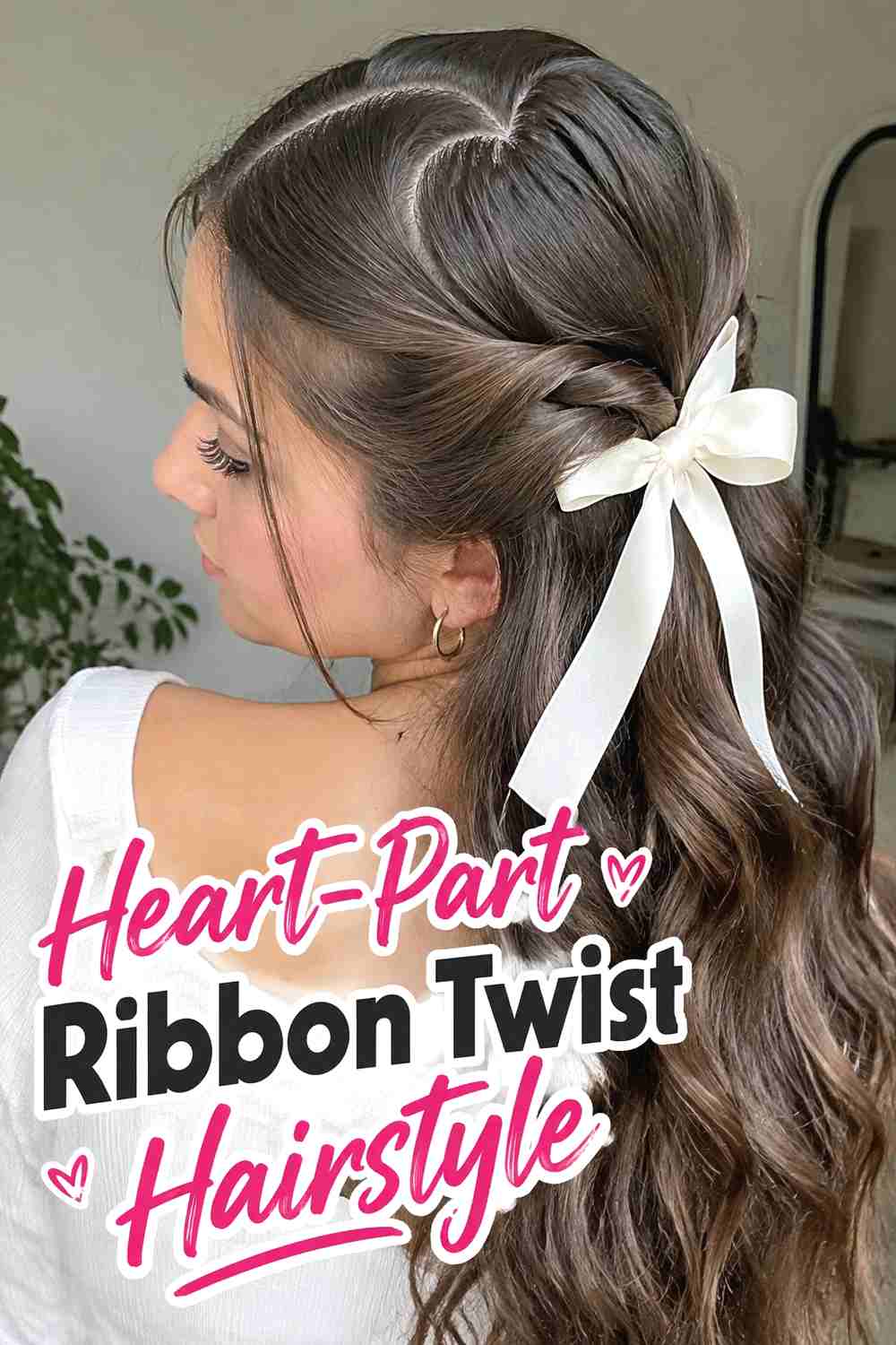 7. Heart Part Ribbon Twist Hairstyle