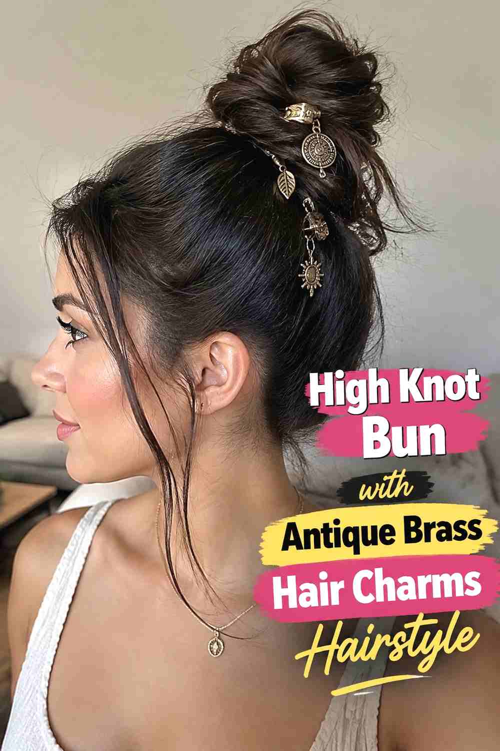 7. High Knot Bun With Antique Brass Hair Charms Hairstyle