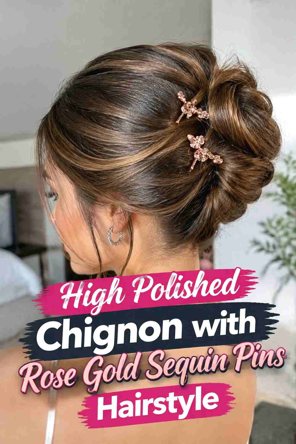 16. High Polished Chignon With Rose Gold Sequin Pins Hairstyle
