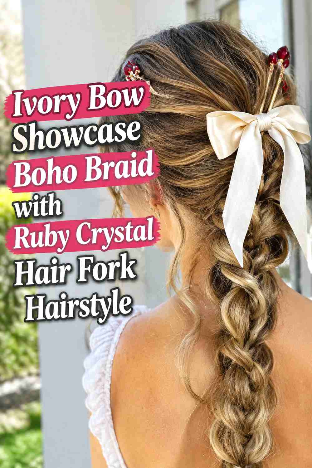 17. Ivory Bow Showcase Boho Braid With Ruby Crystal Hair Fork Hairstyle