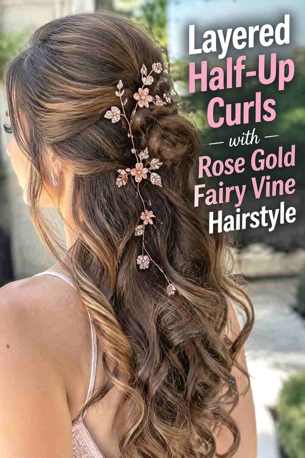 11. Layered Half Up Curls With Rose Gold Fairy Vine Hairstyle