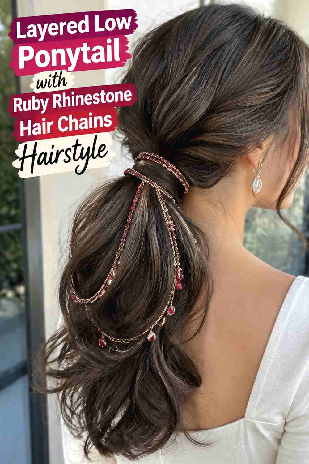 12. Layered Low Ponytail With Ruby Rhinestone Hair Chains Hairstyle
