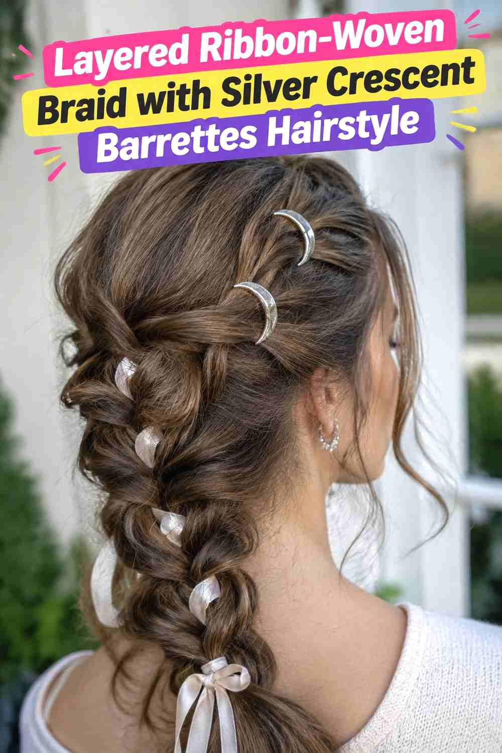 14. Layered Ribbon Woven Braid With Silver Crescent Barrettes Hairstyle