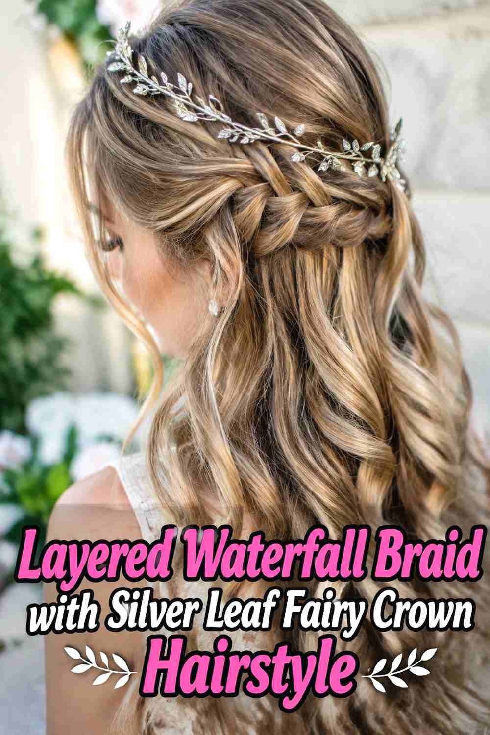 8. Layered Waterfall Braid With Silver Leaf Fairy Crown Hairstyle