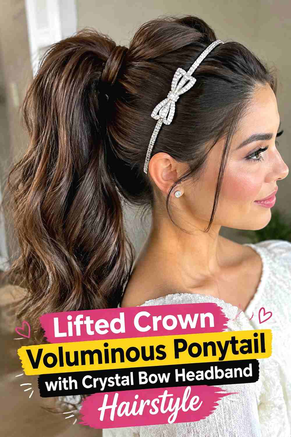 12. Lifted Crown Voluminous Ponytail With Crystal Bow Headband Hairstyle