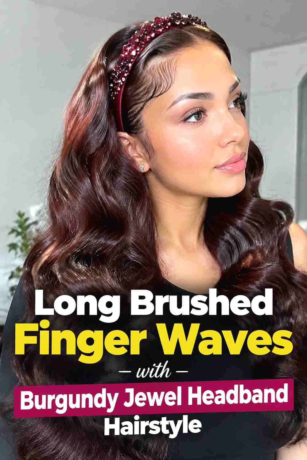 7. Long Brushed Finger Waves With Burgundy Jewel Headband Hairstyle