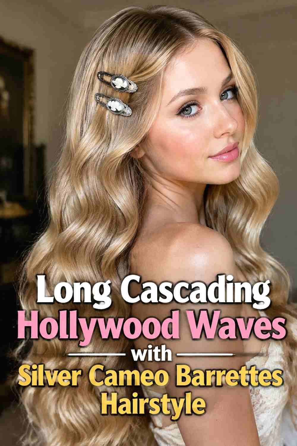 13. Long Cascading Hollywood Waves With Silver Cameo Barrettes Hairstyle