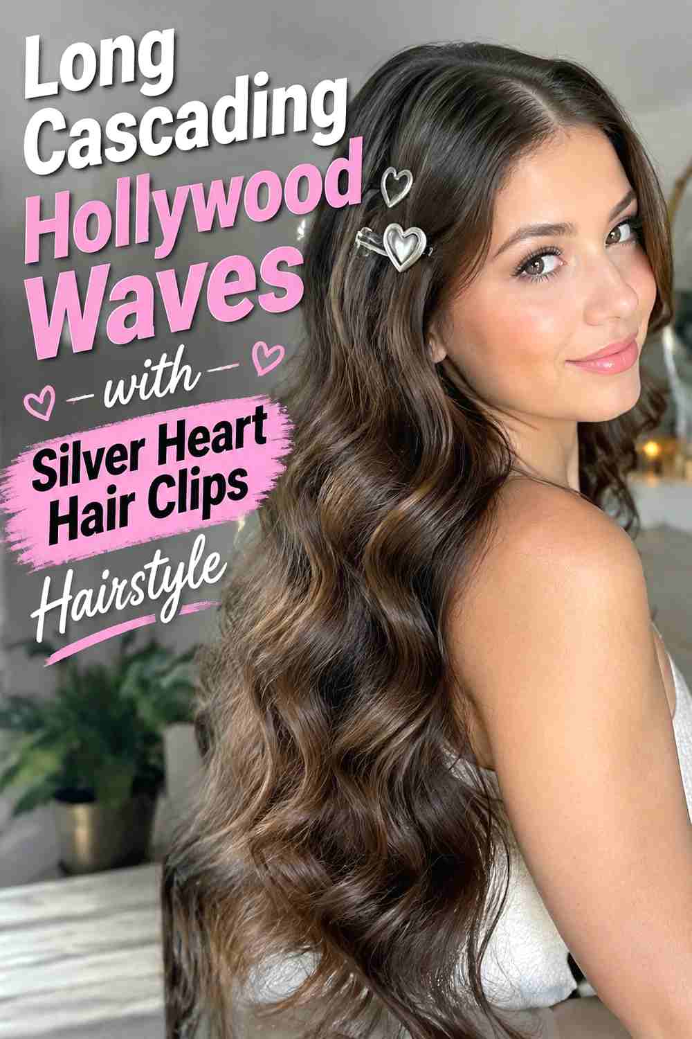 13. Long Cascading Hollywood Waves With Silver Heart Hair Clips Hairstyle