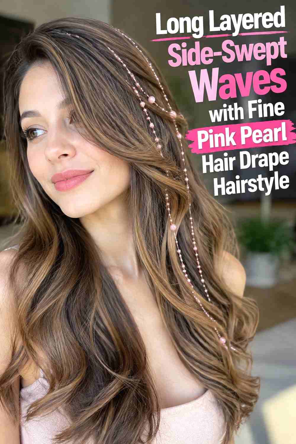 10. Long Layered Side Swept Waves With Fine Pink Pearl Hair Drape Hairstyle