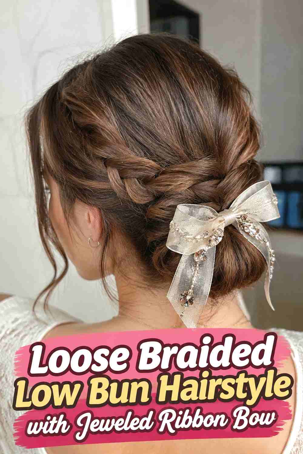2. Loose Braided Low Bun Hairstyle With Jeweled Ribbon Bow