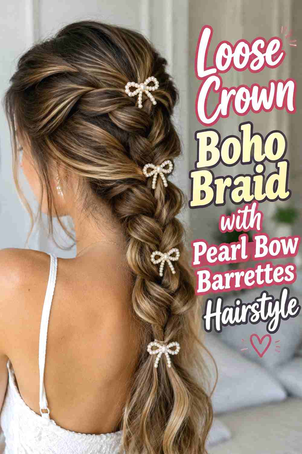 2. Loose Crown Boho Braid With Pearl Bow Barrettes Hairstyle
