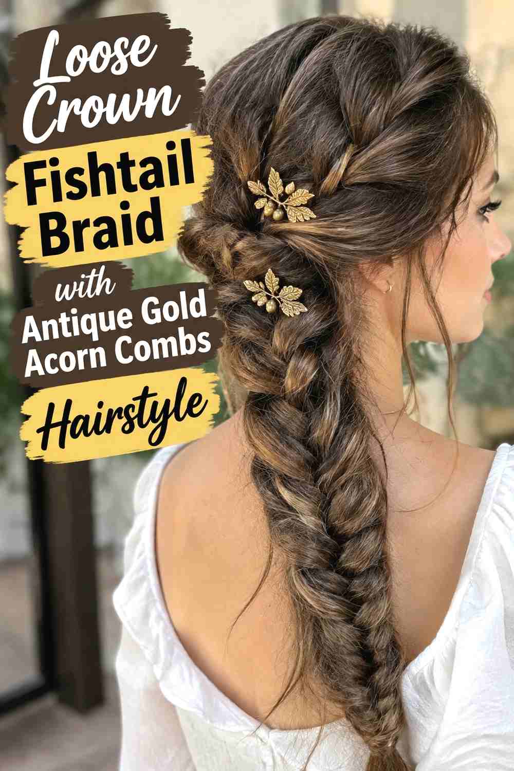 2. Loose Crown Fishtail Braid With Antique Gold Acorn Combs Hairstyle