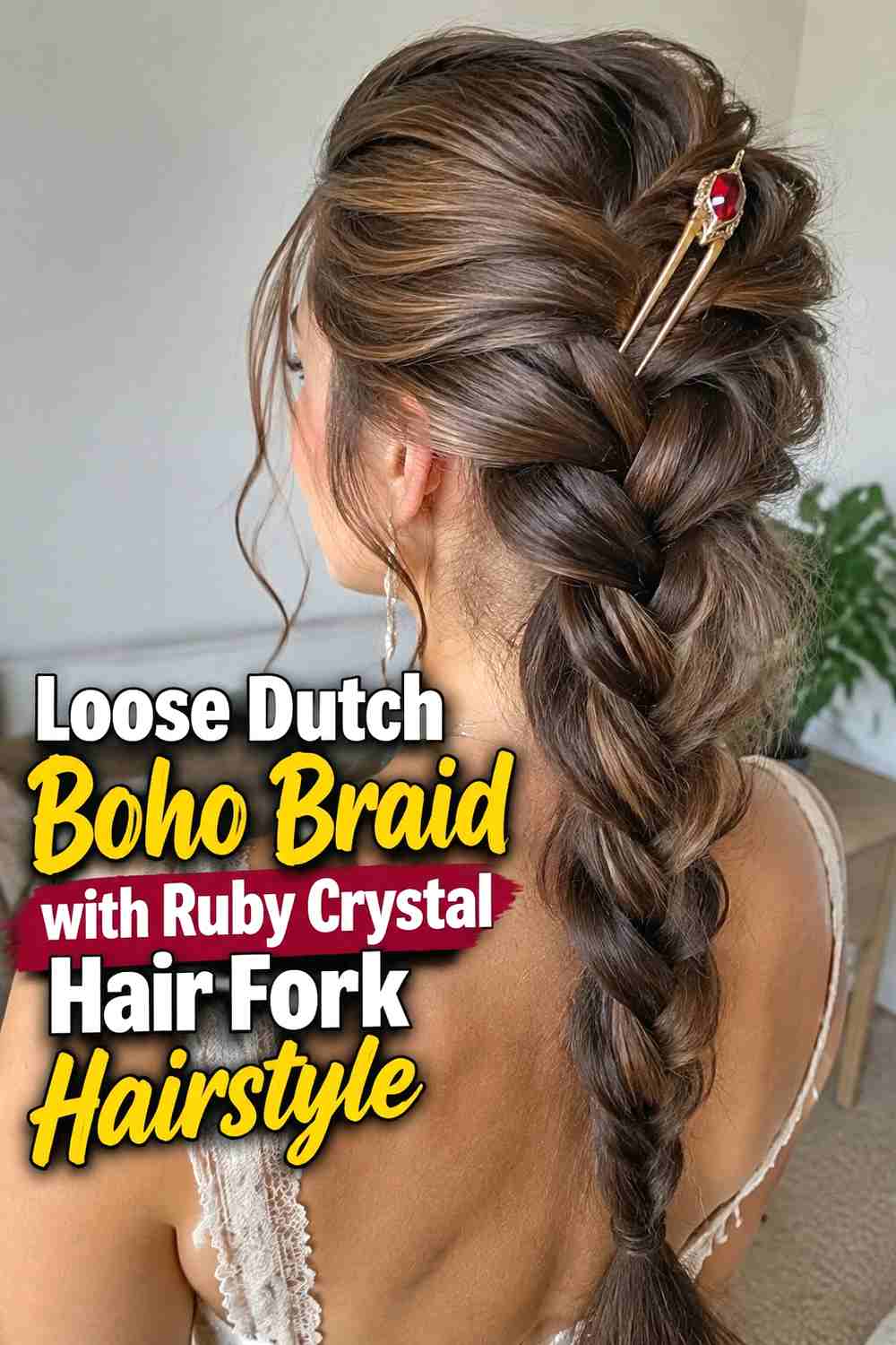 5. Loose Dutch Boho Braid With Ruby Crystal Hair Fork Hairstyle