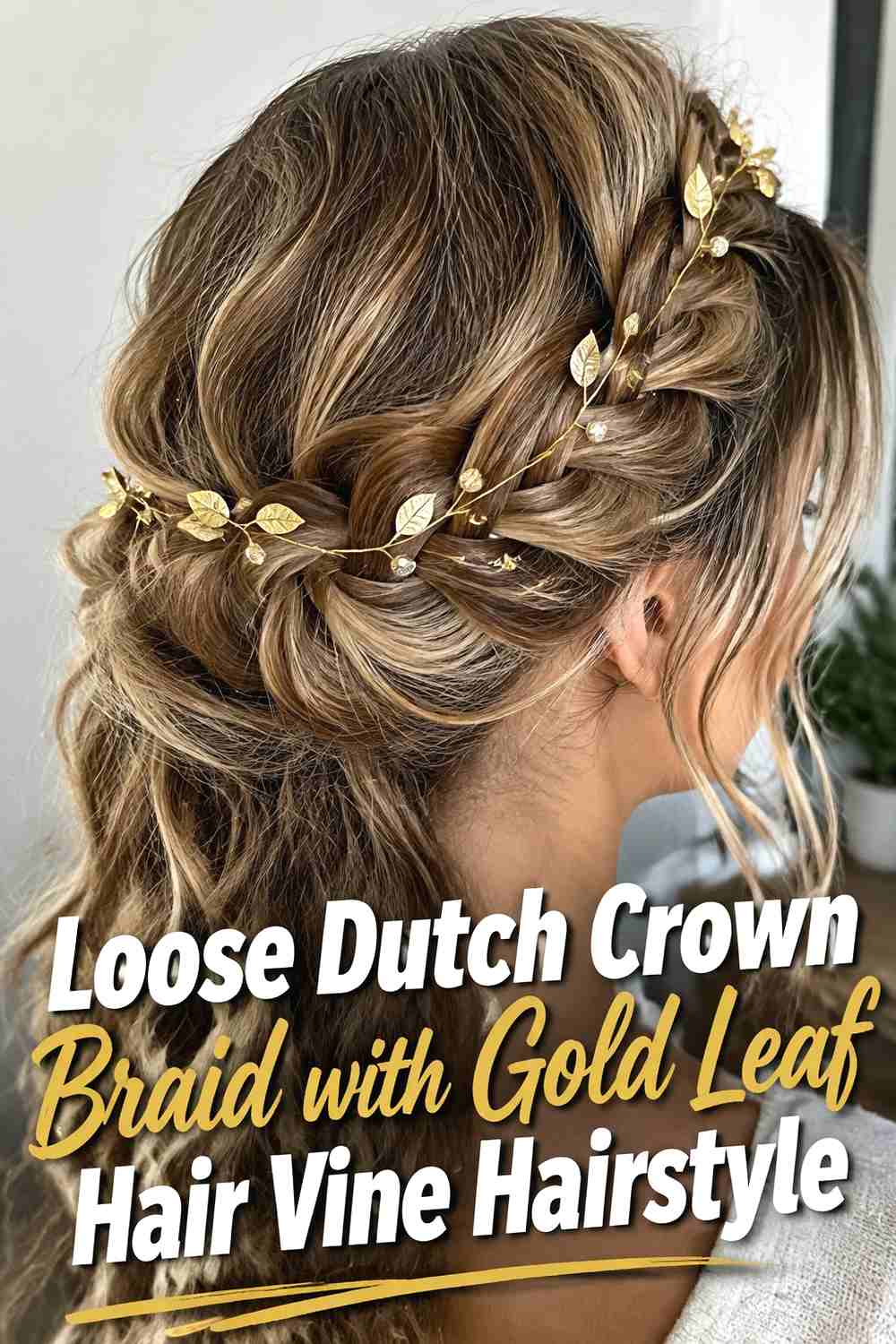 4. Loose Dutch Crown Braid With Gold Leaf Hair Vine Hairstyle