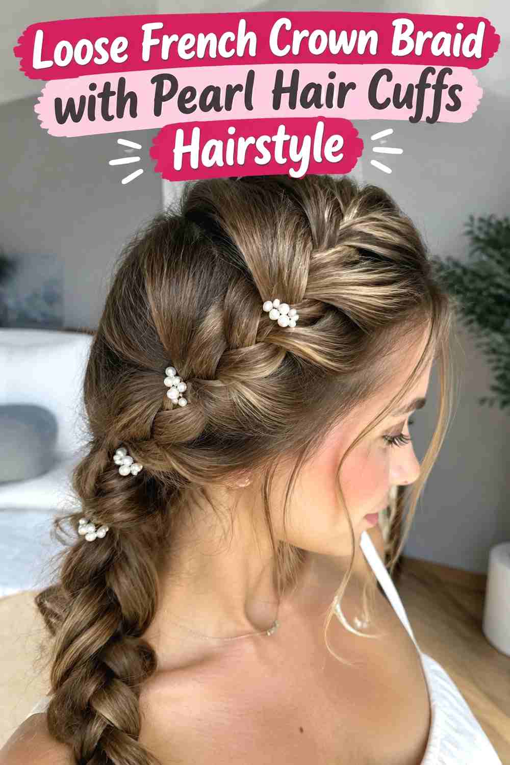 6. Loose French Crown Braid With Pearl Hair Cuffs Hairstyle