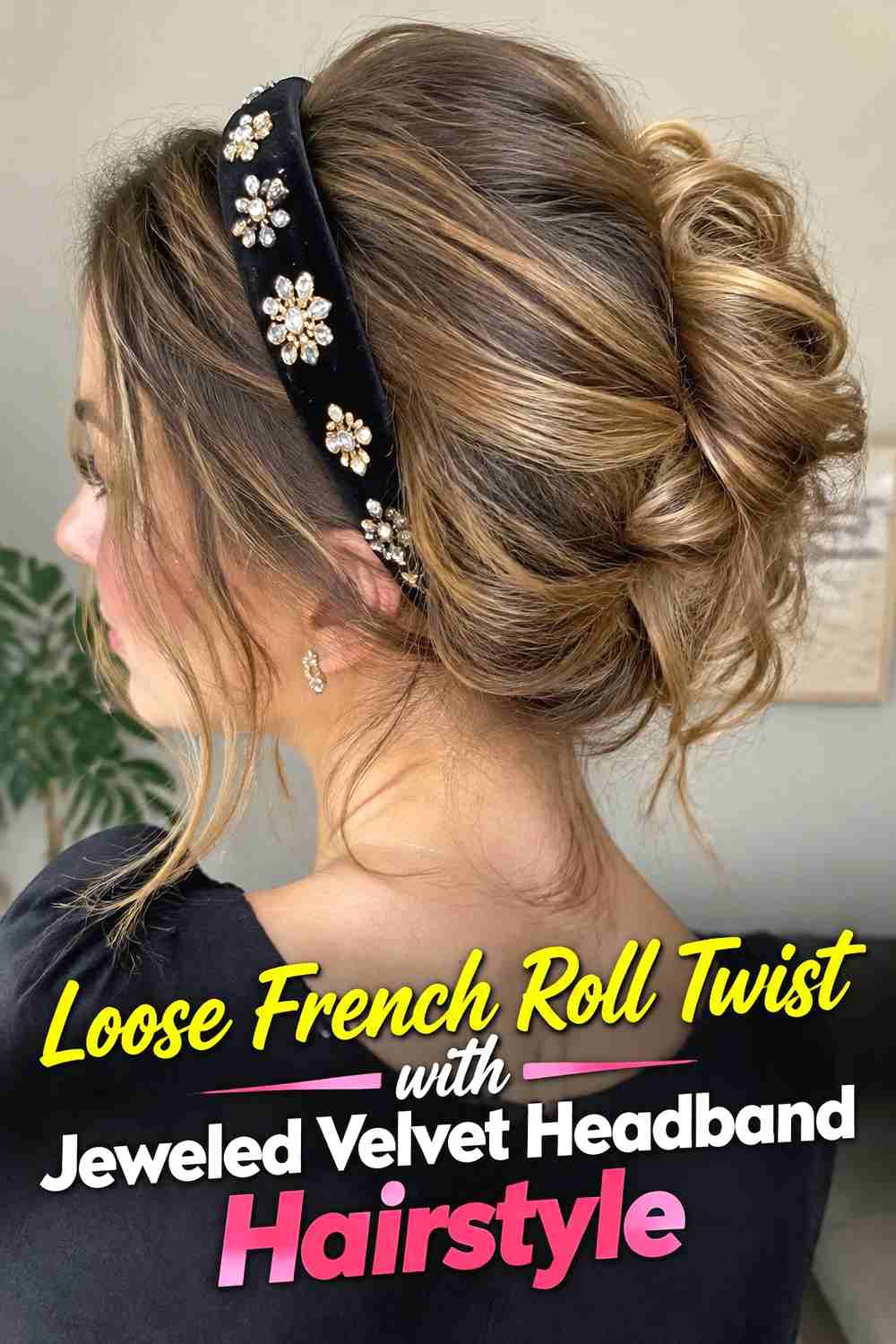 4. Loose French Roll Twist With Jeweled Velvet Headband Hairstyle