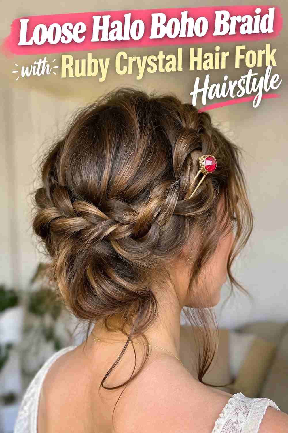 10. Loose Halo Boho Braid With Ruby Crystal Hair Fork Hairstyle
