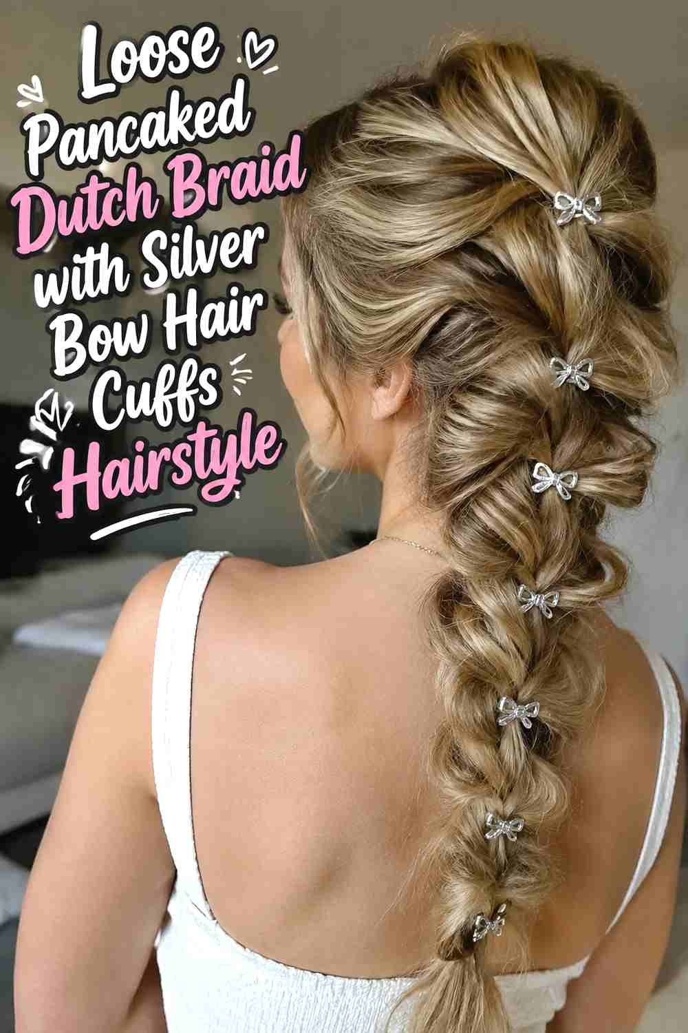 10. Loose Pancaked Dutch Braid With Silver Bow Hair Cuffs Hairstyle