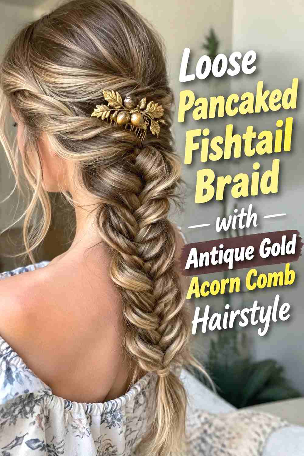 12. Loose Pancaked Fishtail Braid With Antique Gold Acorn Comb Hairstyle