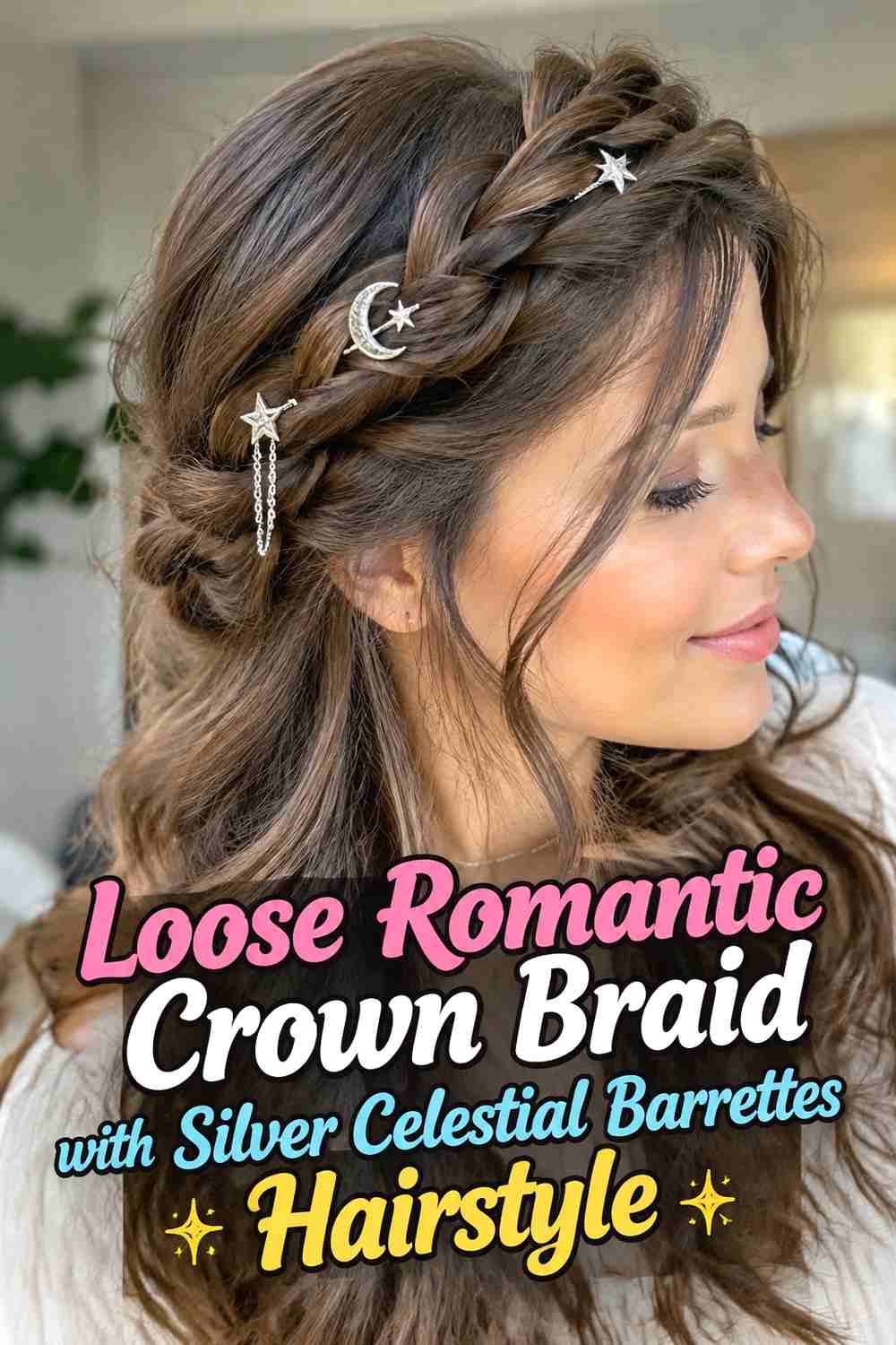 3. Loose Romantic Crown Braid With Silver Celestial Barrettes Hairstyle