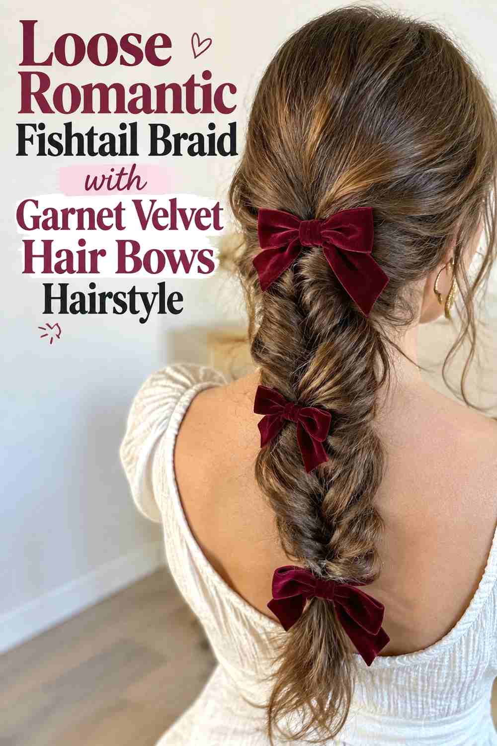 2. Loose Romantic Fishtail Braid With Garnet Velvet Hair Bows Hairstyle