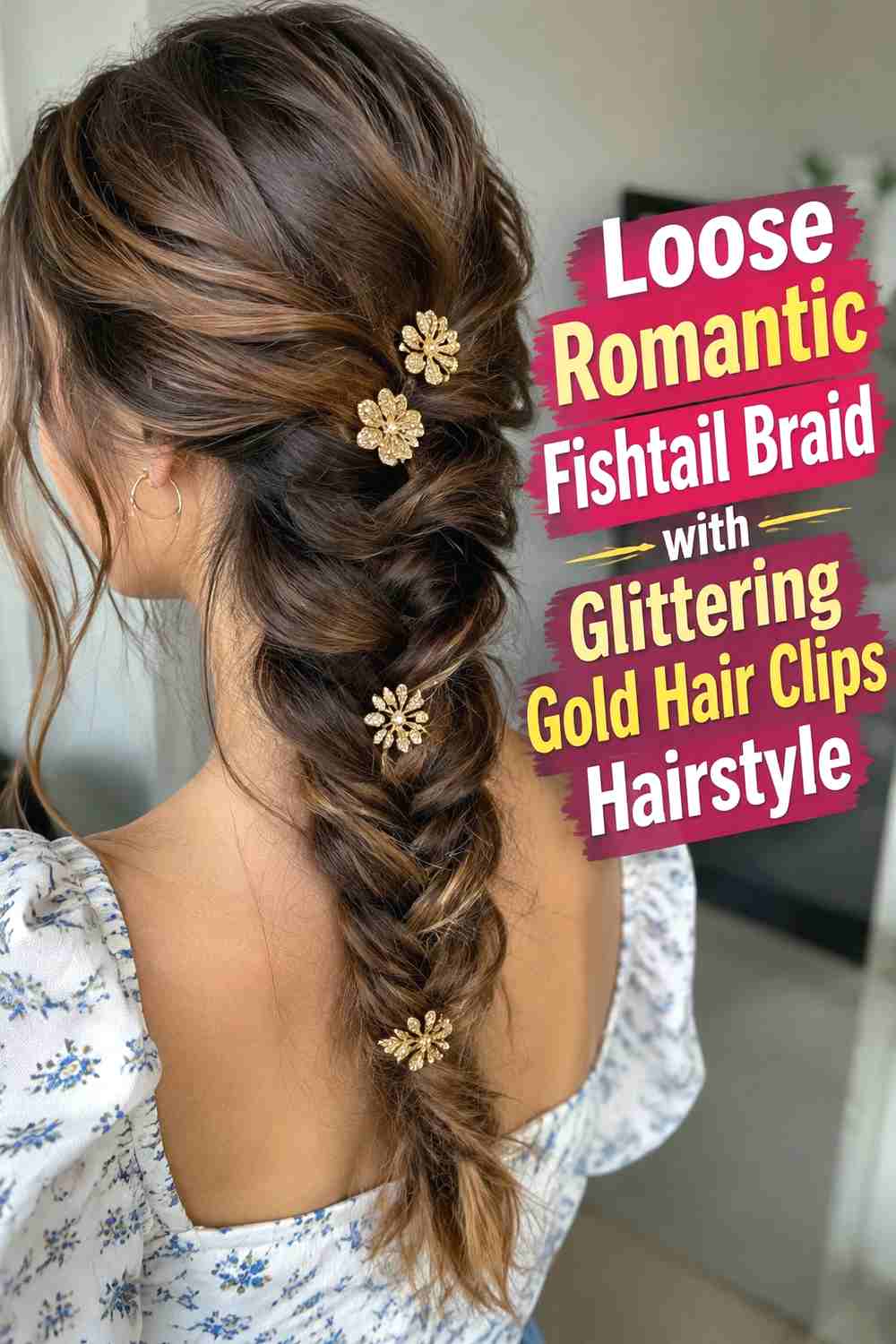 2. Loose Romantic Fishtail Braid With Glittering Gold Hair Clips Hairstyle