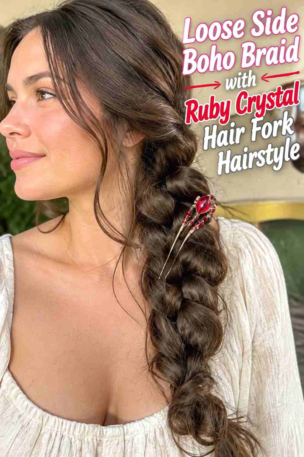 1. Loose Side Boho Braid With Ruby Crystal Hair Fork Hairstyle