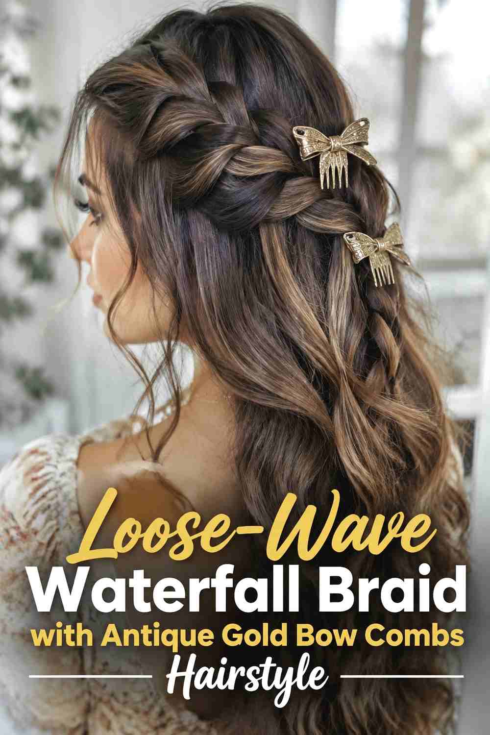4. Loose Wave Waterfall Braid With Antique Gold Bow Combs Hairstyle