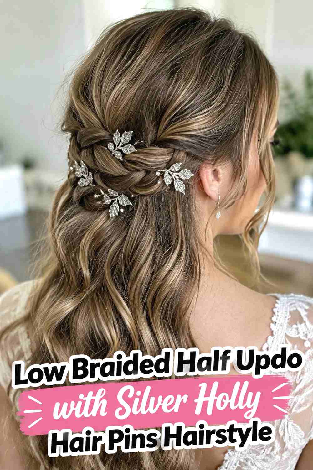8. Low Braided Half Updo With Silver Holly Hair Pins Hairstyle