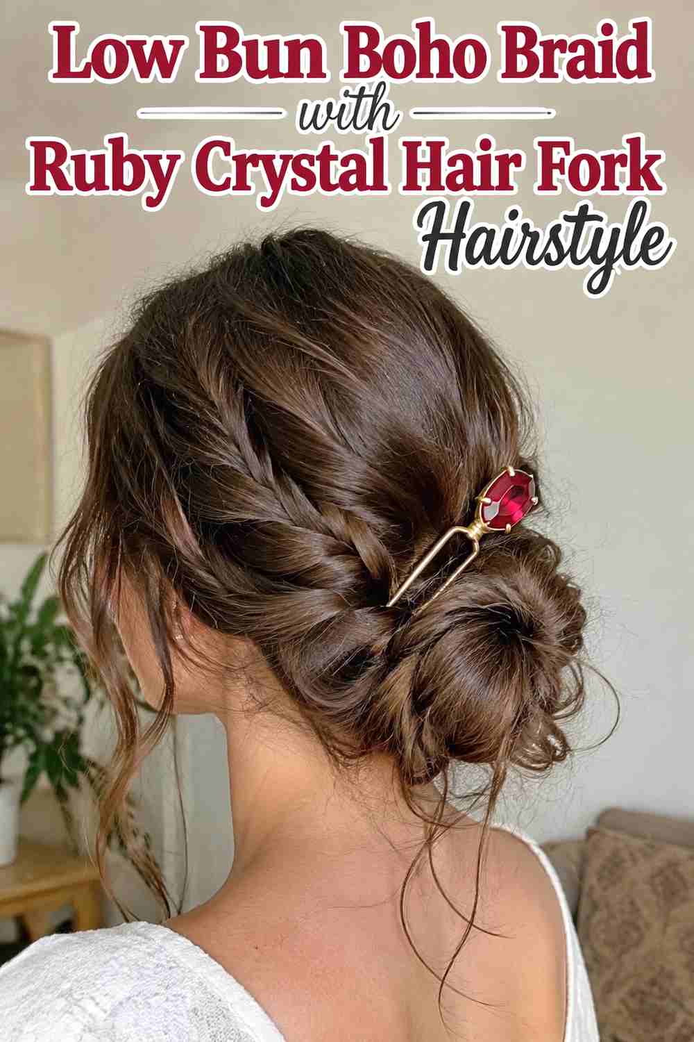 13. Low Bun Boho Braid With Ruby Crystal Hair Fork Hairstyle