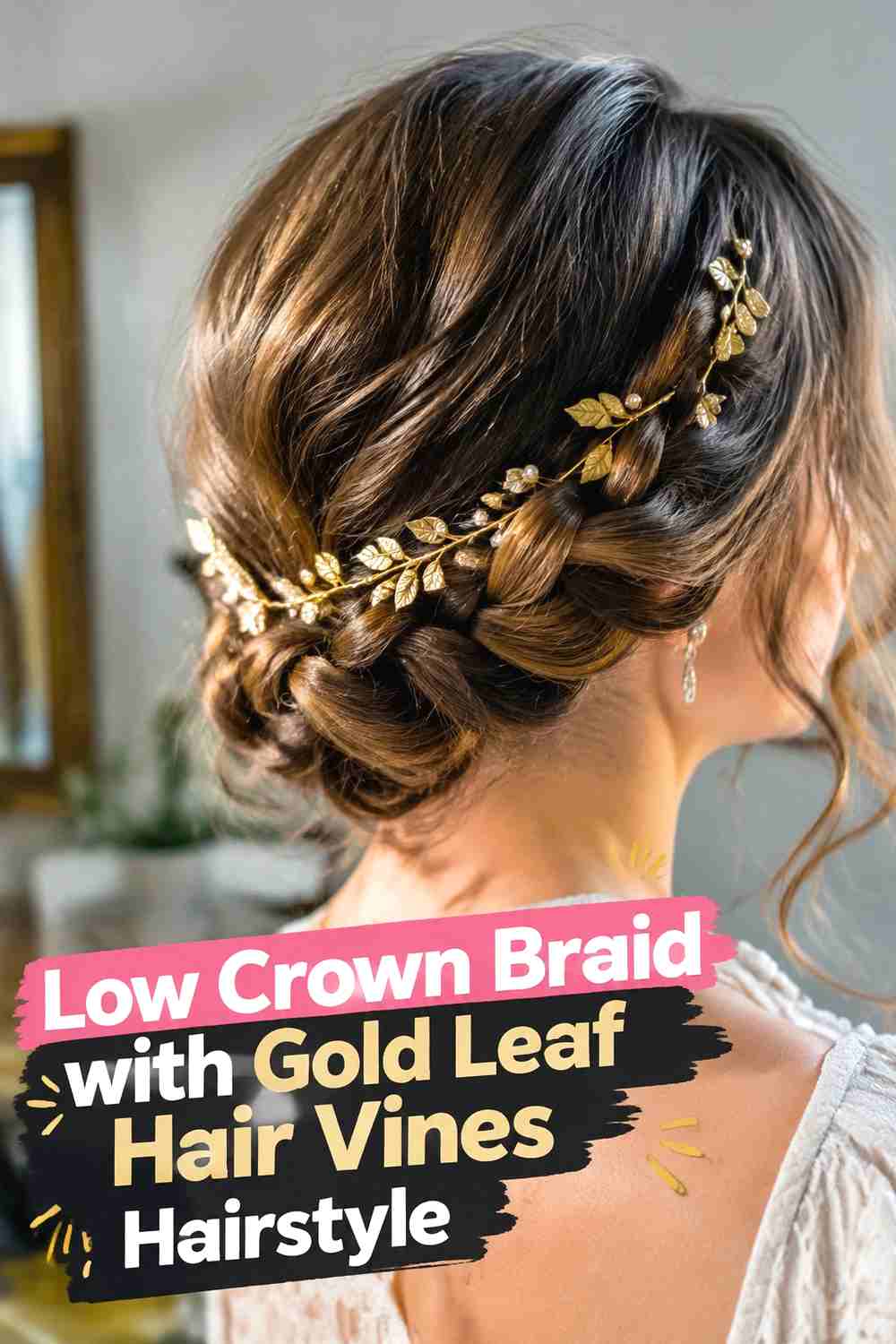 9. Low Crown Braid With Gold Leaf Hair Vines Hairstyle