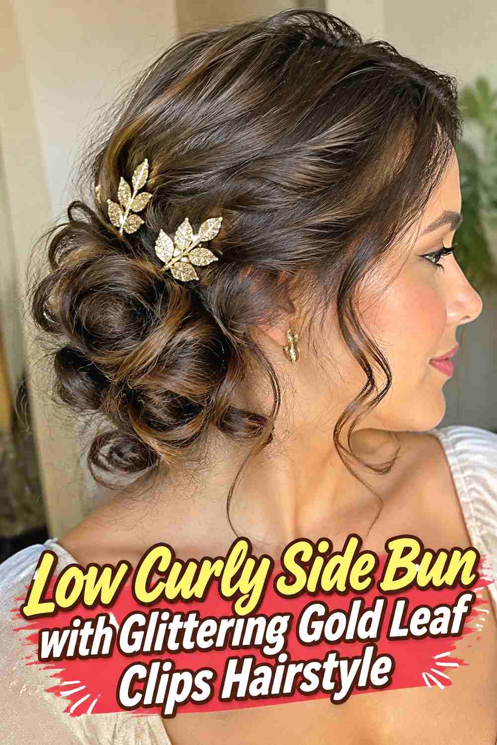 3. Low Curly Side Bun With Glittering Gold Leaf Clips Hairstyle