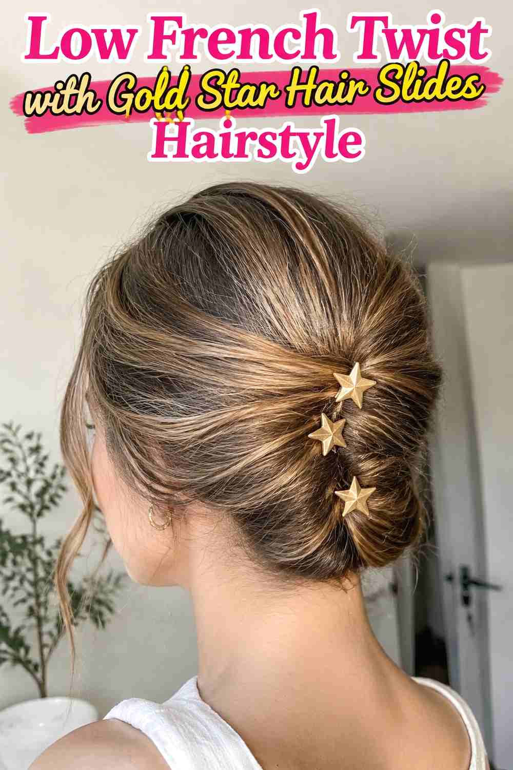 2. Low French Twist With Gold Star Hair Slides Hairstyle