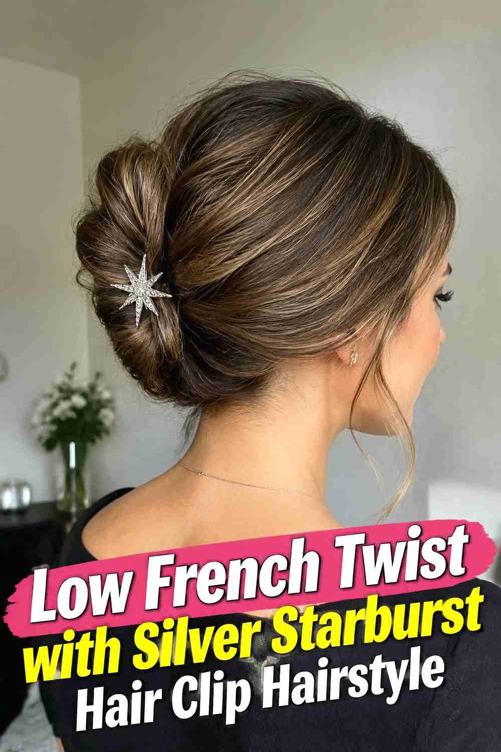 3. Low French Twist With Silver Starburst Hair Clip Hairstyle