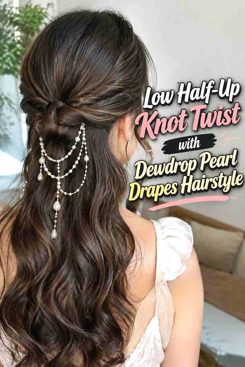 9. Low Half Up Knot Twist With Dewdrop Pearl Drapes Hairstyle