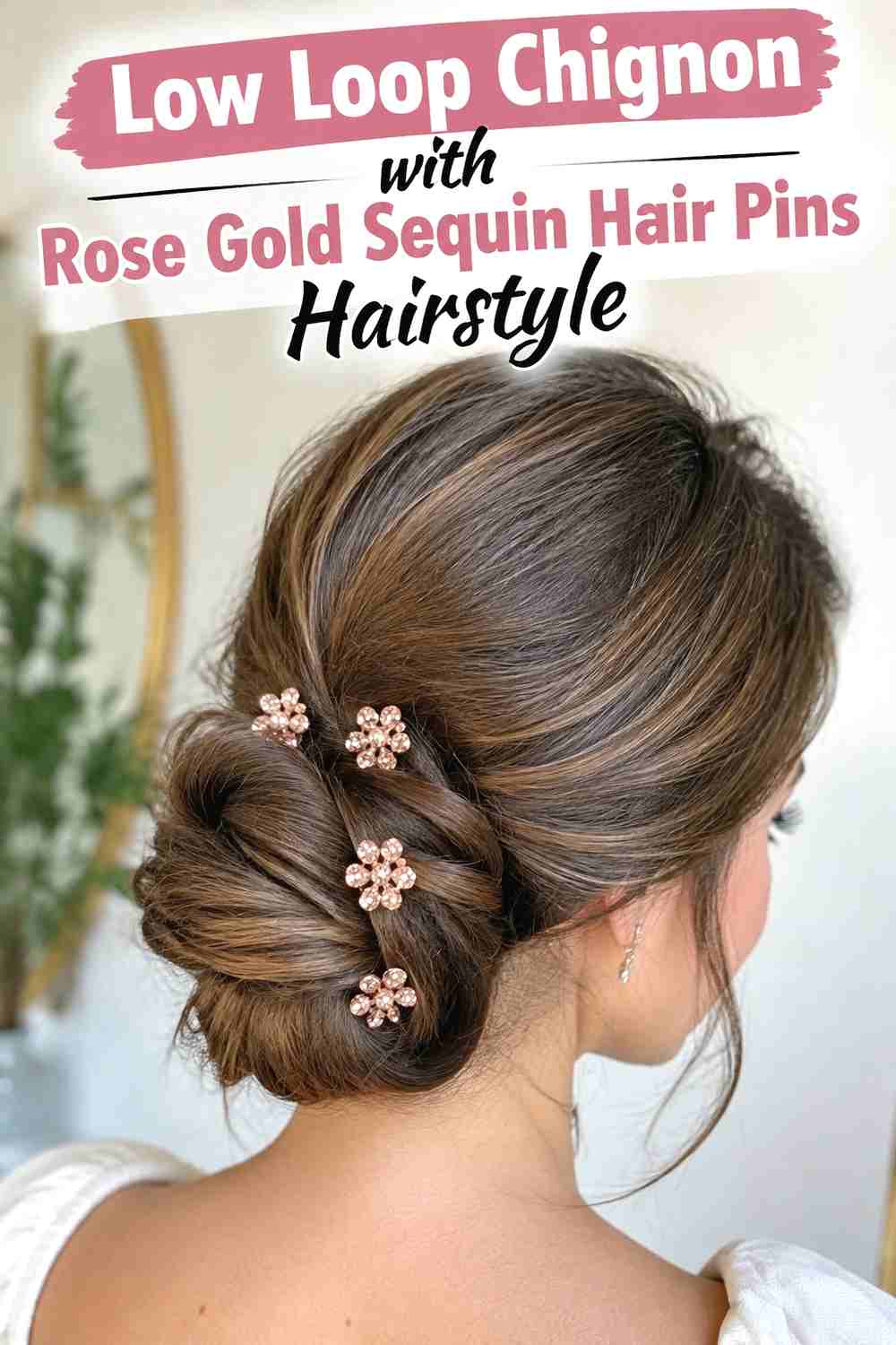 11. Low Loop Chignon With Rose Gold Sequin Hair Pins Hairstyle