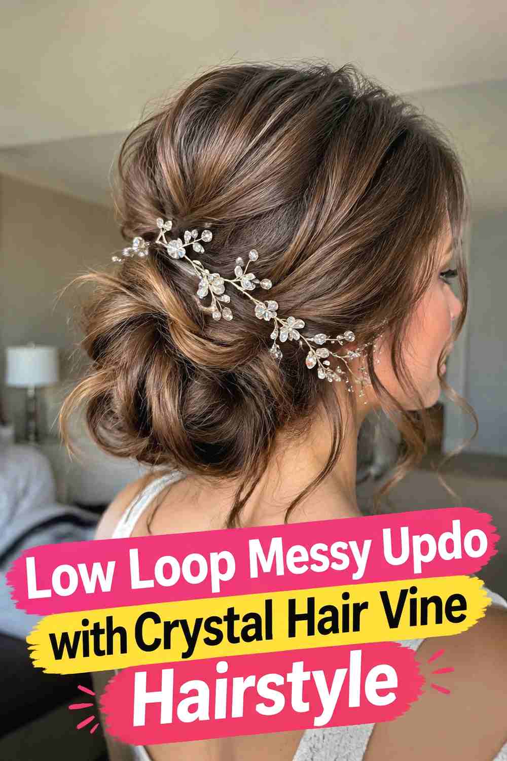 7. Low Loop Messy Updo With Crystal Hair Vine Hairstyle