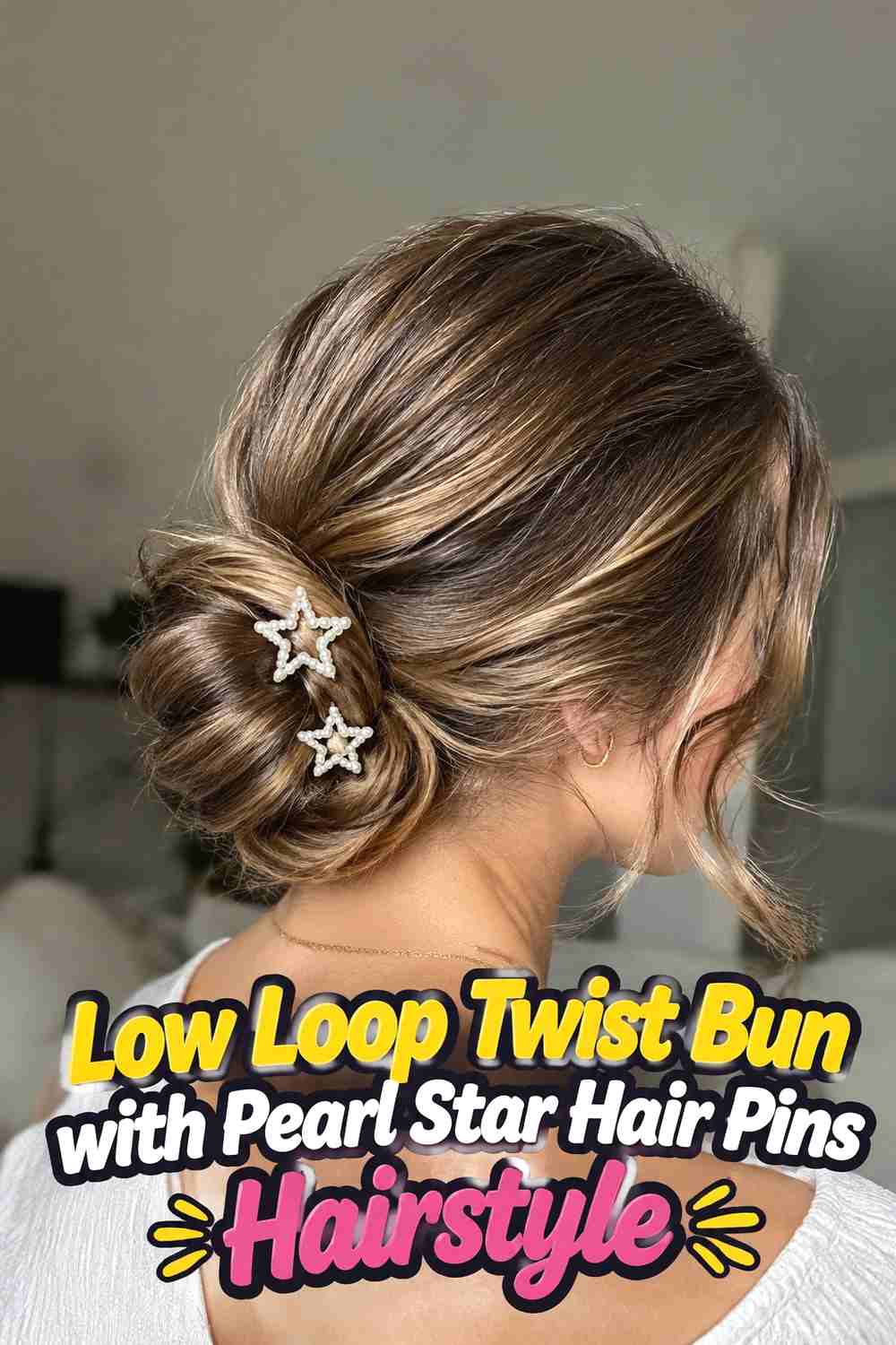 8. Low Loop Twist Bun With Pearl Star Hair Pins Hairstyle