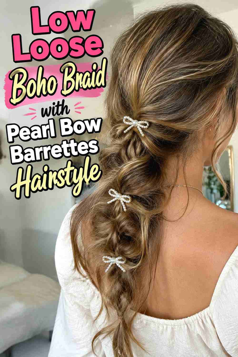 7. Low Loose Boho Braid With Pearl Bow Barrettes Hairstyle