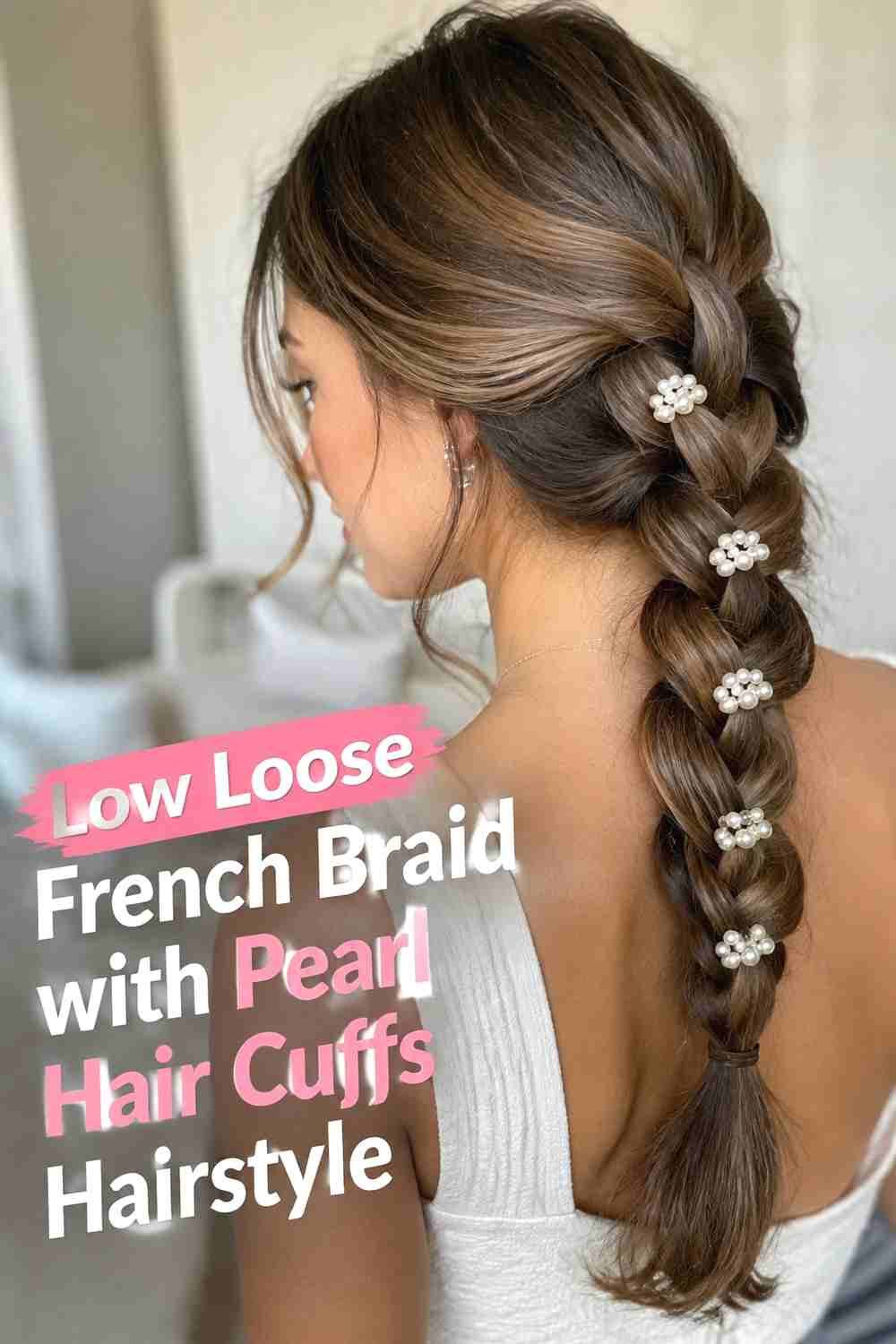 5. Low Loose French Braid With Pearl Hair Cuffs Hairstyle