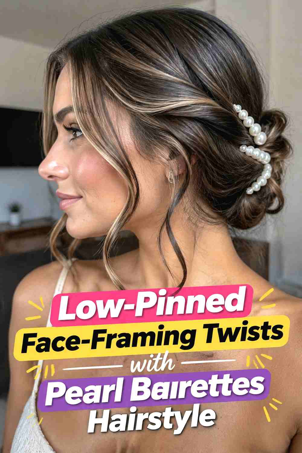 8. Low Pinned Face Framing Twists With Pearl Barrettes Hairstyle