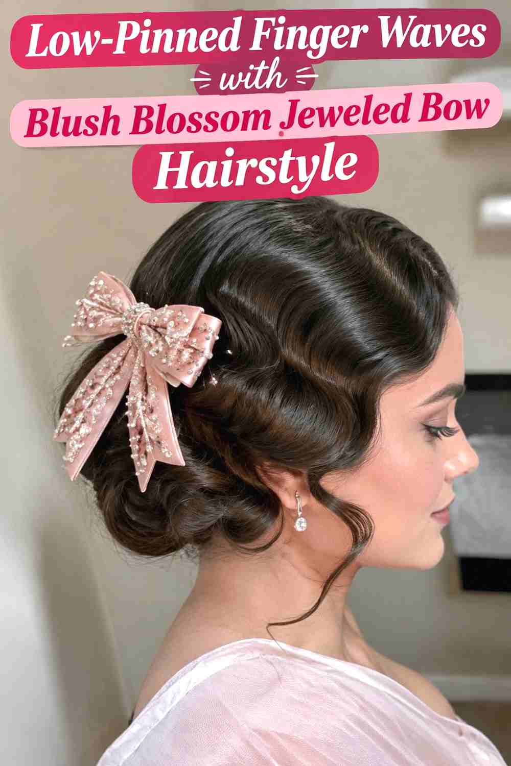 11. Low Pinned Finger Waves With Blush Blossom Jeweled Bow Hairstyle