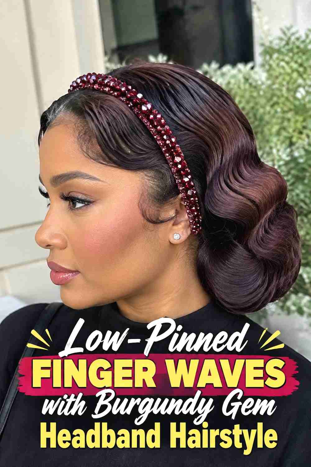 10. Low Pinned Finger Waves With Burgundy Gem Headband Hairstyle