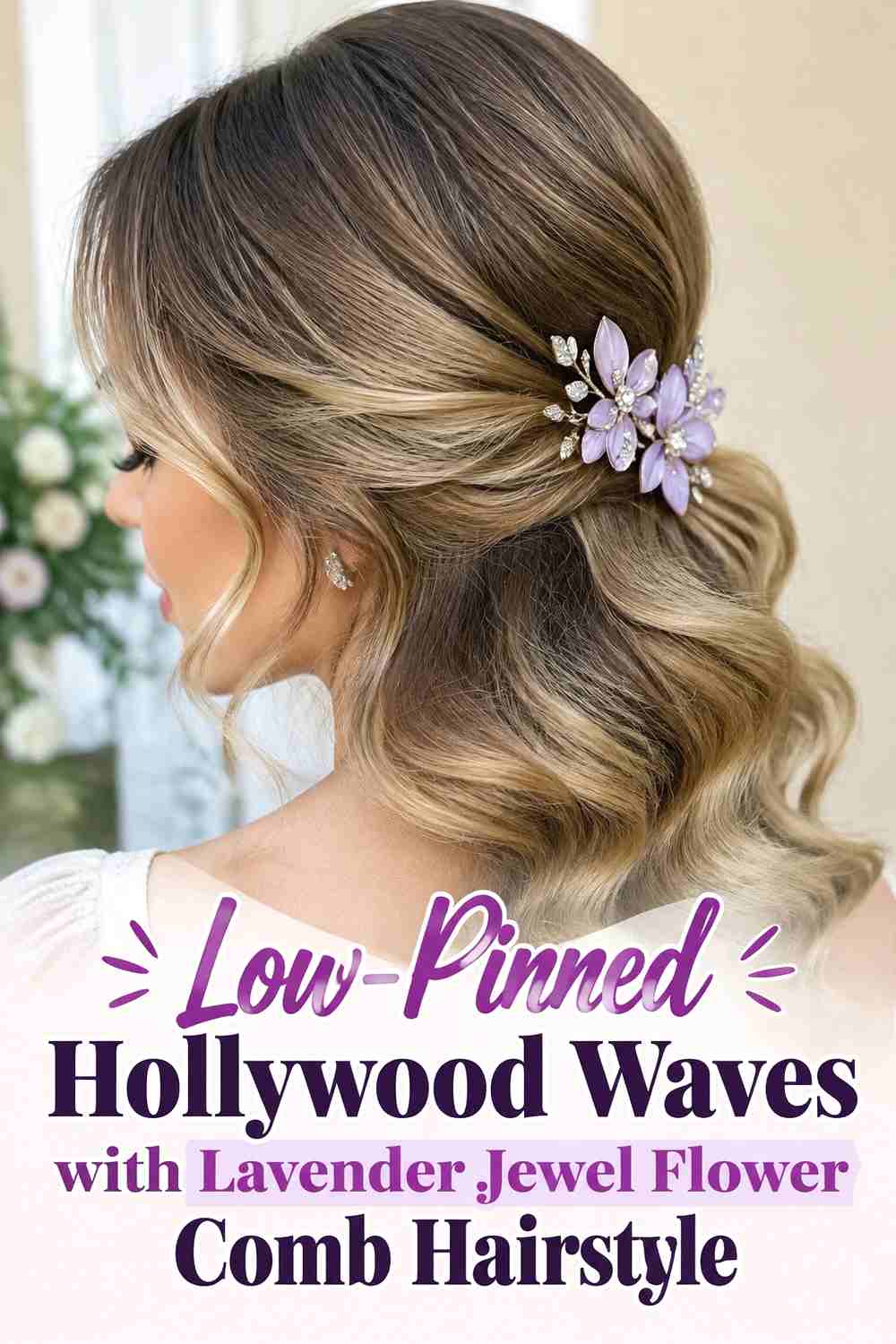8. Low Pinned Hollywood Waves With Lavender Jewel Flower Comb Hairstyle