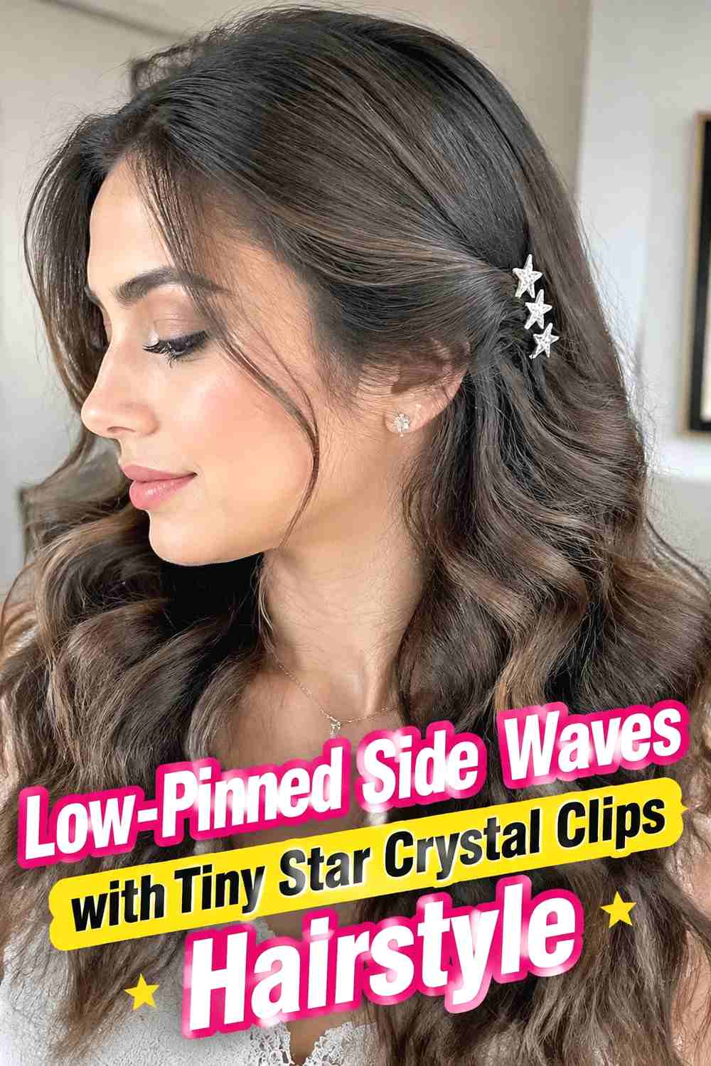 12. Low Pinned Side Waves With Tiny Star Crystal Clips Hairstyle