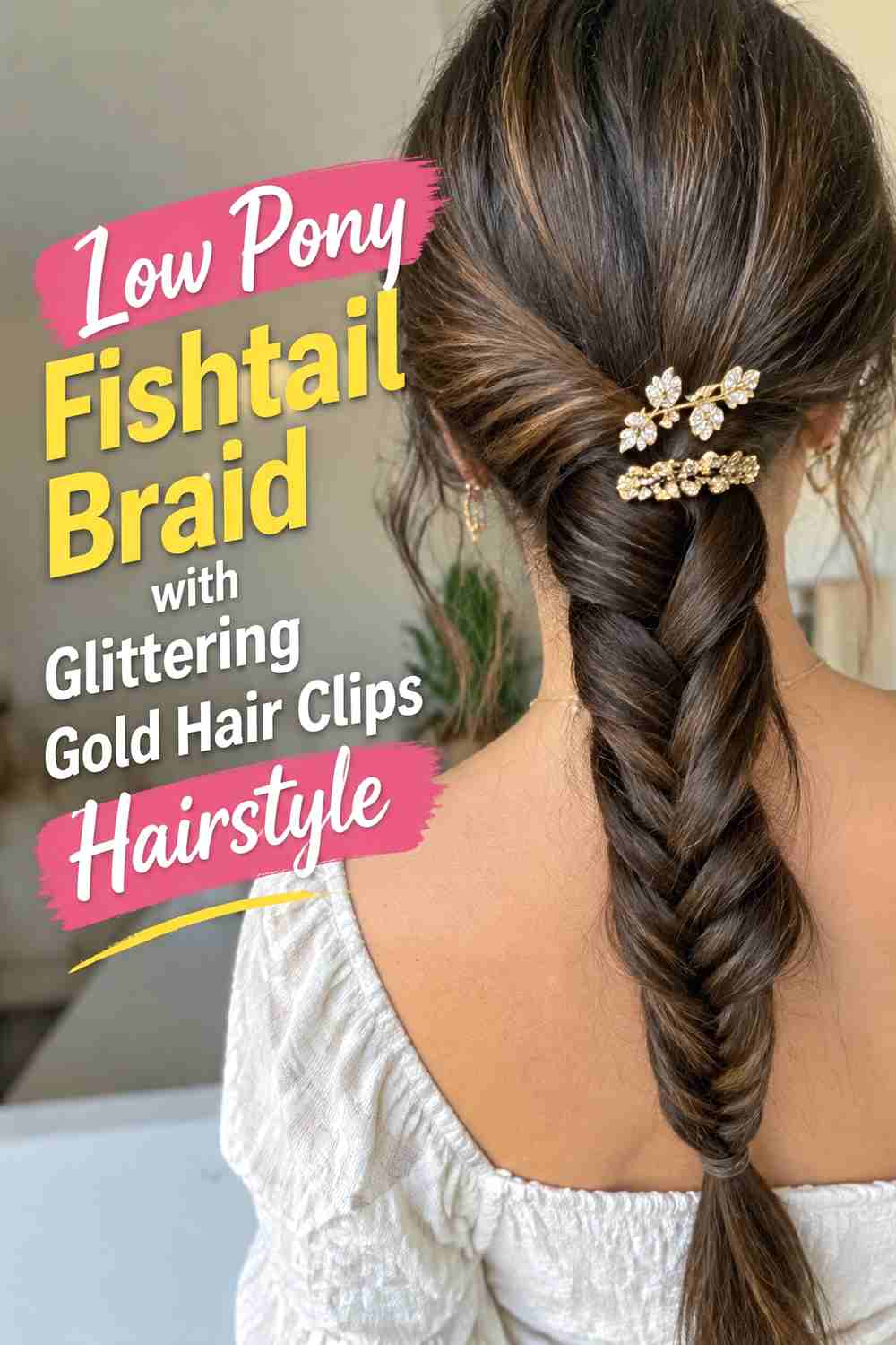 7. Low Pony Fishtail Braid With Glittering Gold Hair Clips Hairstyle